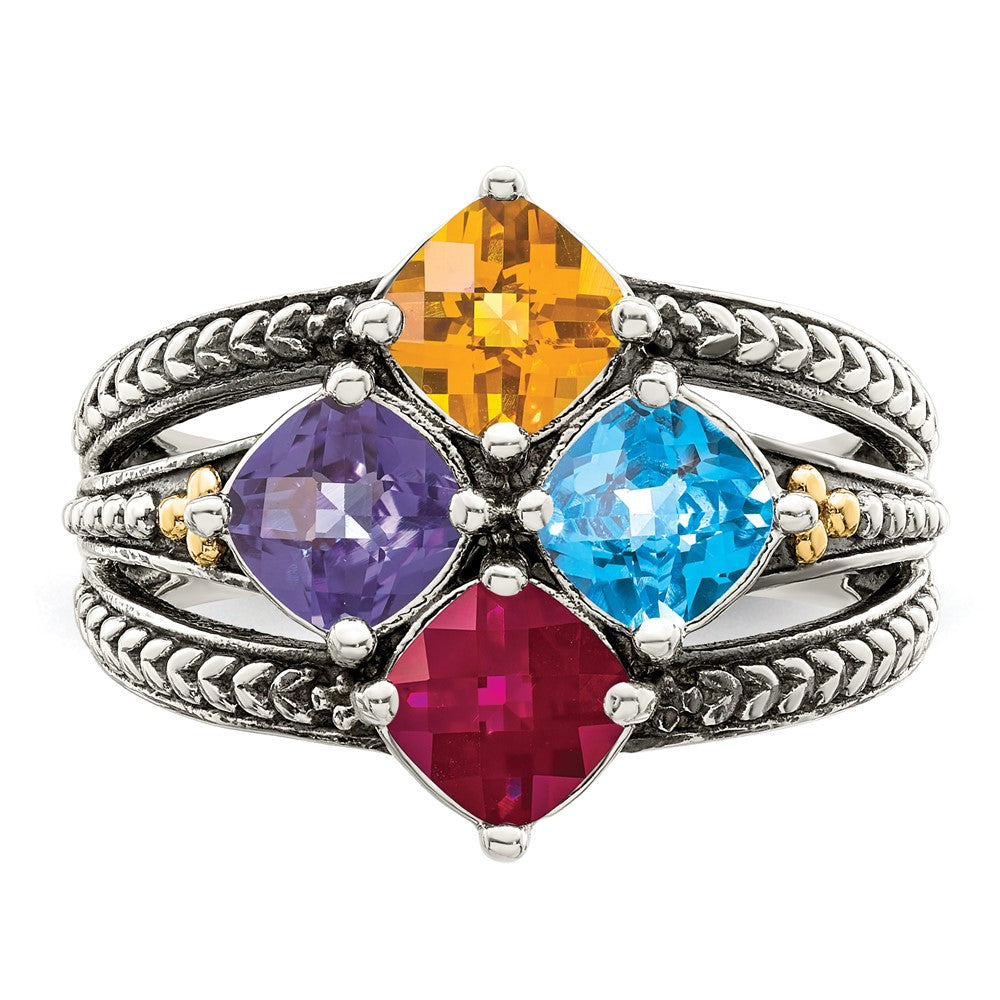 Sterling Silver Antiqued w/14k 4-stone Mother's Ring - 44