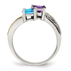 Sterling Silver Antiqued w/14k 2-stone w/Diamond Mother's Ring - 65