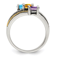 Sterling Silver Antiqued w/14k 3-stone w/Diamond Mother's Ring - 26
