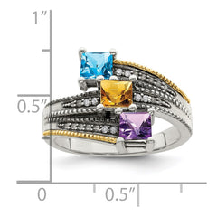 Sterling Silver Antiqued w/14k 3-stone w/Diamond Mother's Semi-Mount Ring - 12