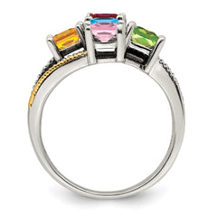 Sterling Silver Antiqued w/14k 5-stone w/Diamond Mother's Ring - 63