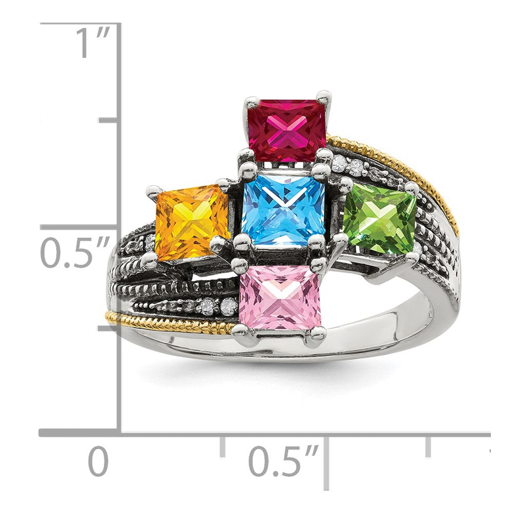 Sterling Silver Antiqued w/14k 5-stone w/Diamond Mother's Ring - 63
