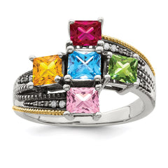 Sterling Silver Antiqued w/14k 5-stone w/Diamond Mother's Ring - 63