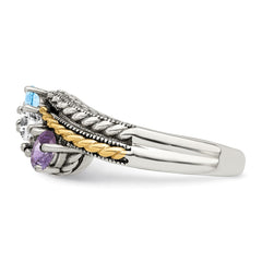 Sterling Silver Antiqued w/14k 3-stone Mother's Ring - 37