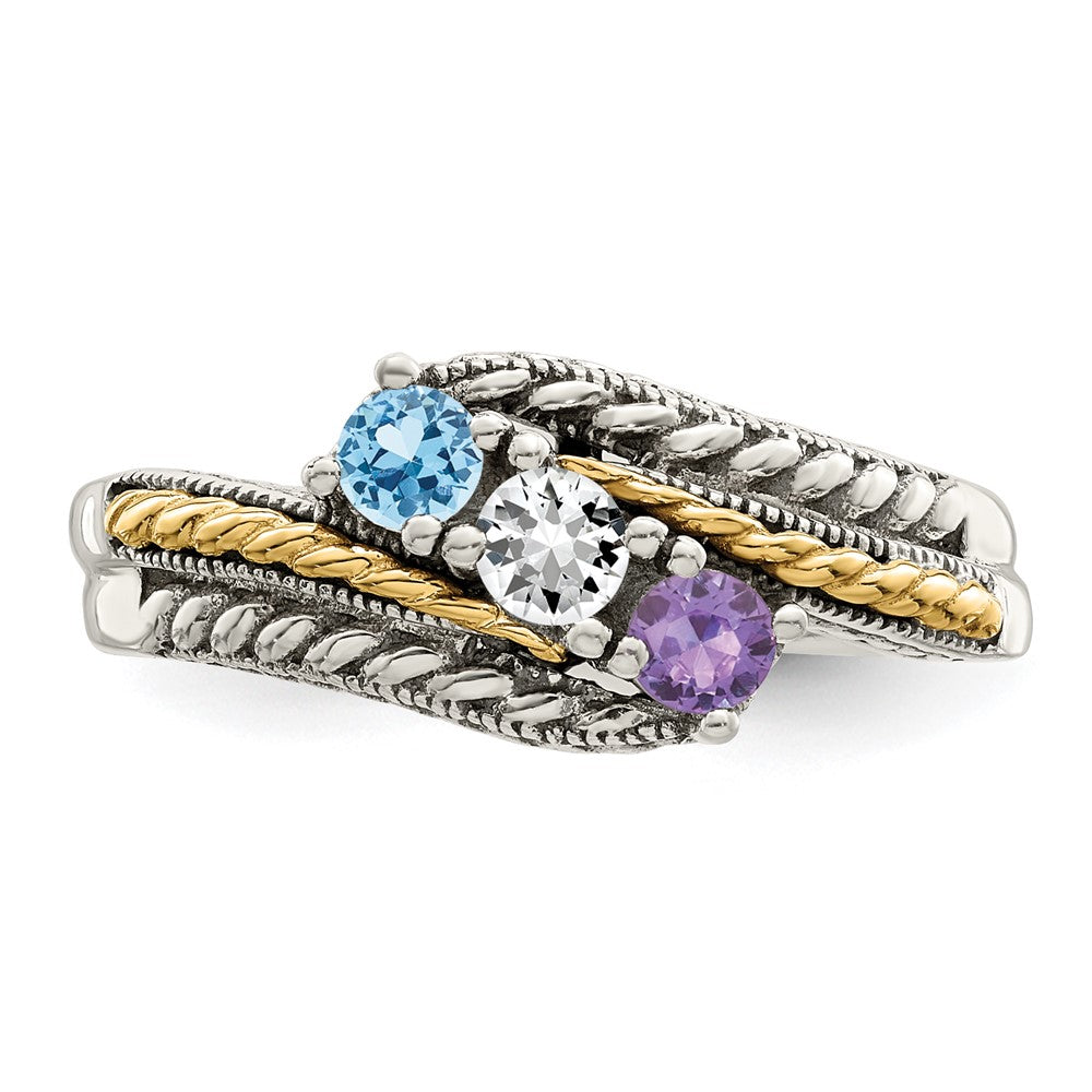 Sterling Silver Antiqued w/14k 3-stone Mother's Ring - 37