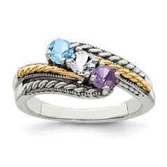 Sterling Silver Antiqued w/14k 3-stone Mother's Ring - 37