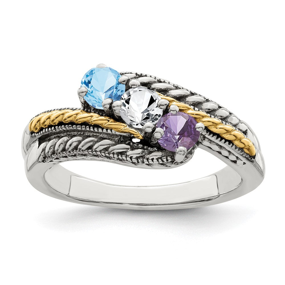 Sterling Silver Antiqued w/14k 3-stone Mother's Ring - 36