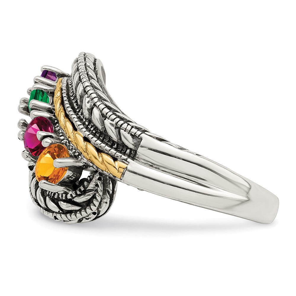 Sterling Silver Antiqued w/14k 4-stone Mother's Ring - 37