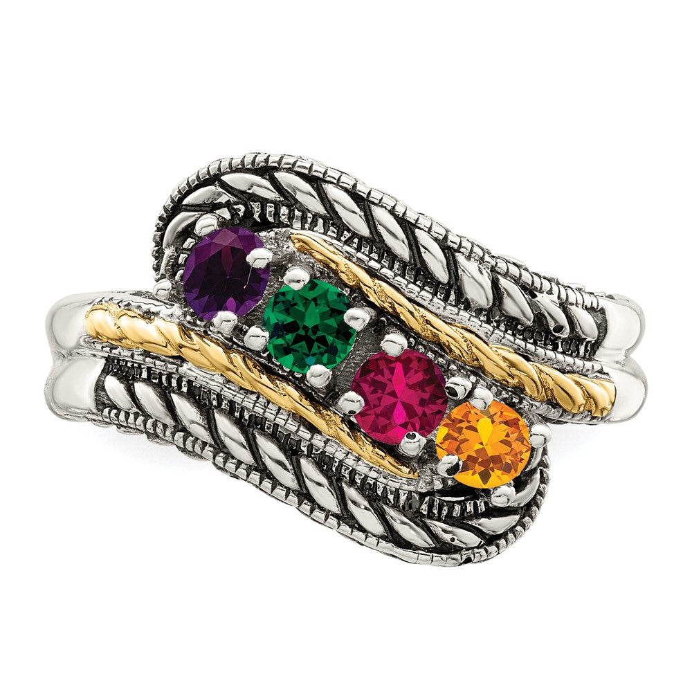 Sterling Silver Antiqued w/14k 4-stone Mother's Ring - 37
