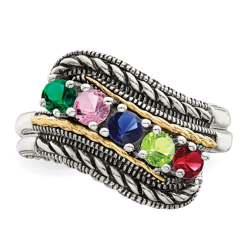 Sterling Silver Antiqued w/14k 5-stone Mother's Ring - 40