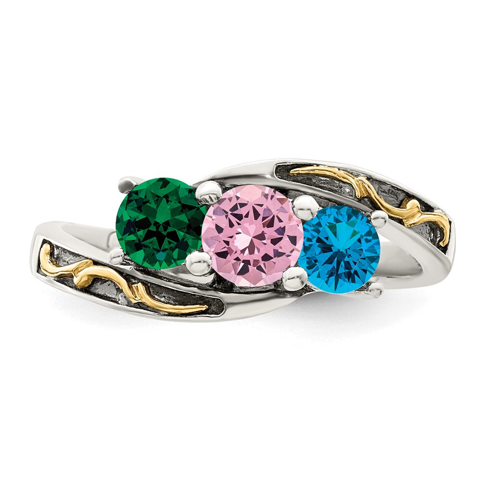 Sterling Silver Antiqued w/14k 3-stone Mother's Ring - 39