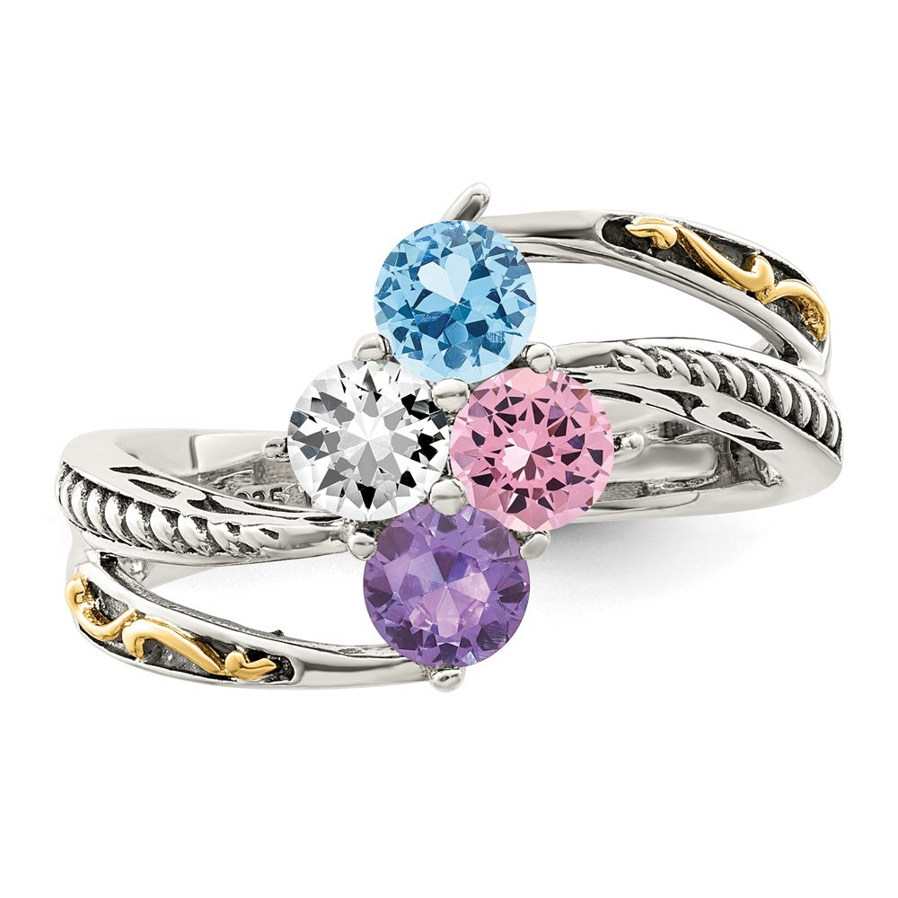 Sterling Silver Antiqued w/14k 4-stone Mother's Ring - 43