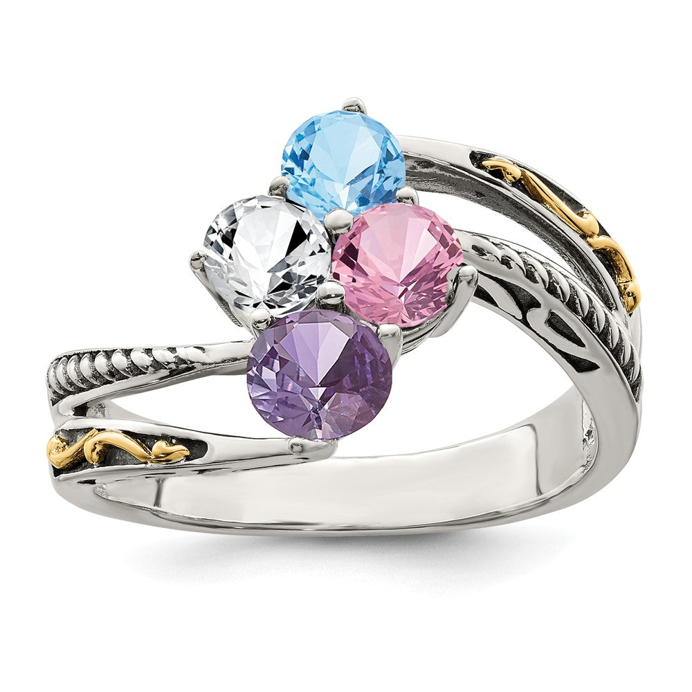 Sterling Silver Antiqued w/14k 4-stone Mother's Ring - 43