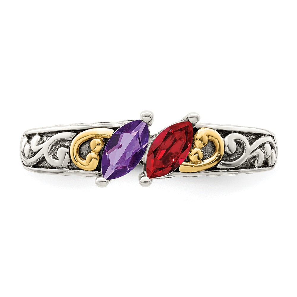 Sterling Silver Antiqued w/14k 2-stone Mother's Ring - 4