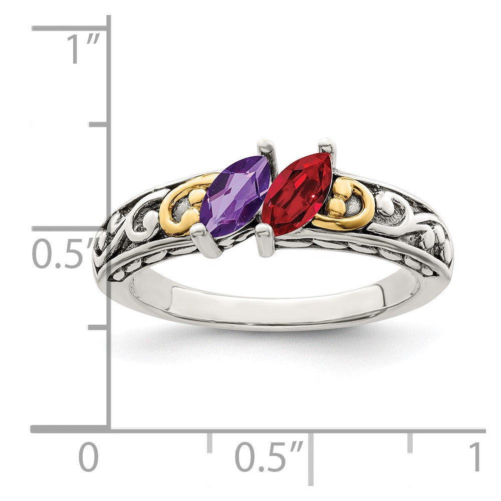 Sterling Silver Antiqued w/14k 2-stone Mother's Ring - 4