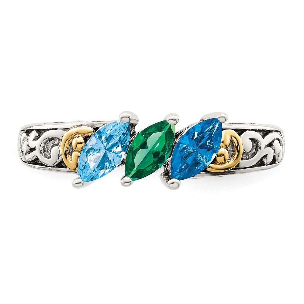 Sterling Silver Antiqued w/14k 3-stone Mother's Ring - 5