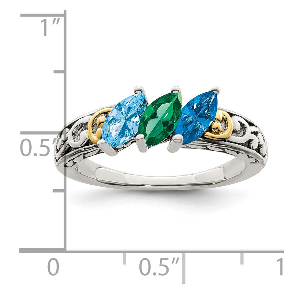 Sterling Silver Antiqued w/14k 3-stone Mother's Ring - 6