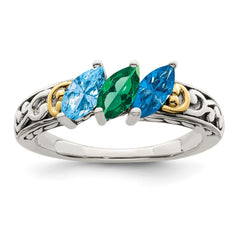 Sterling Silver Antiqued w/14k 3-stone Mother's Ring - 6