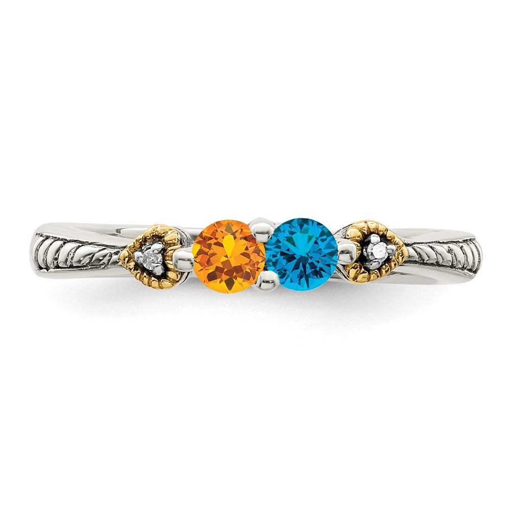 Sterling Silver Antiqued w/14k 2-stone w/Diamond Mother's Ring - 80