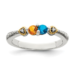 Sterling Silver Antiqued w/14k 2-stone w/Diamond Mother's Ring - 80