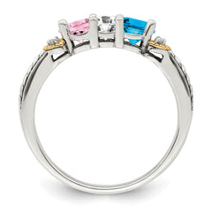 Sterling Silver Antiqued w/14k 3-stone w/Diamond Mother's Ring - 9