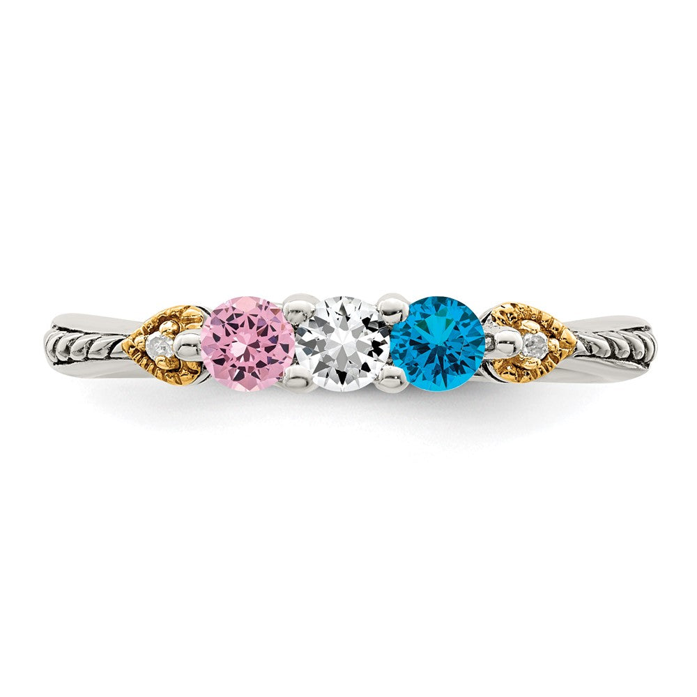 Sterling Silver Antiqued w/14k 3-stone w/Diamond Mother's Ring - 6