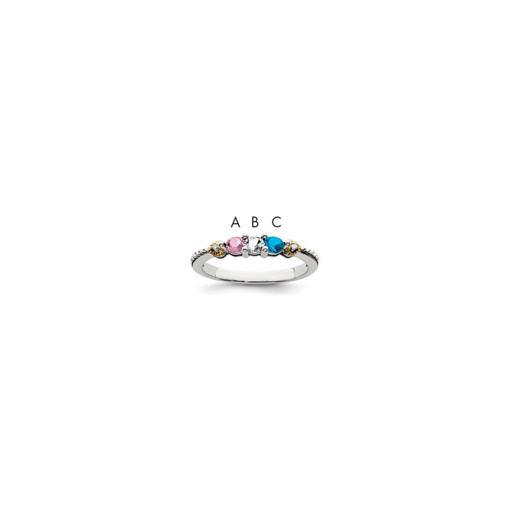 Sterling Silver Antiqued w/14k 3-stone w/Diamond Mother's Ring - 9