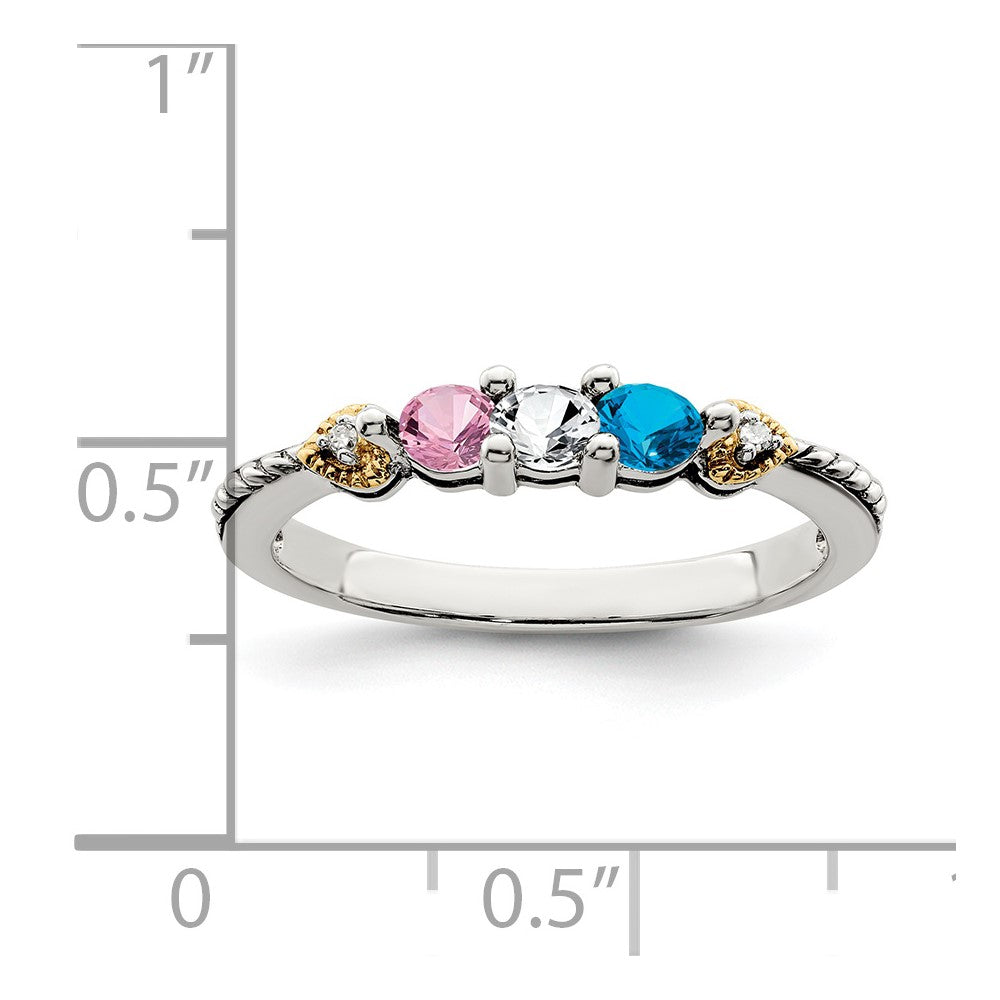 Sterling Silver Antiqued w/14k 3-stone w/Diamond Mother's Ring - 9