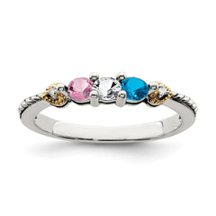 Sterling Silver Antiqued w/14k 3-stone w/Diamond Mother's Ring - 9