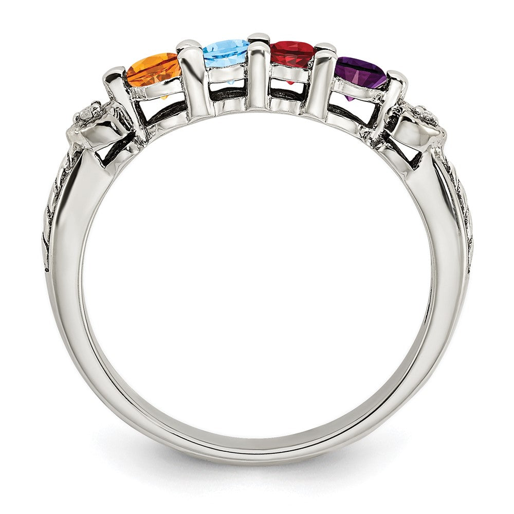 Sterling Silver Antiqued w/14k 4-stone w/Diamond Mother's Ring - 60