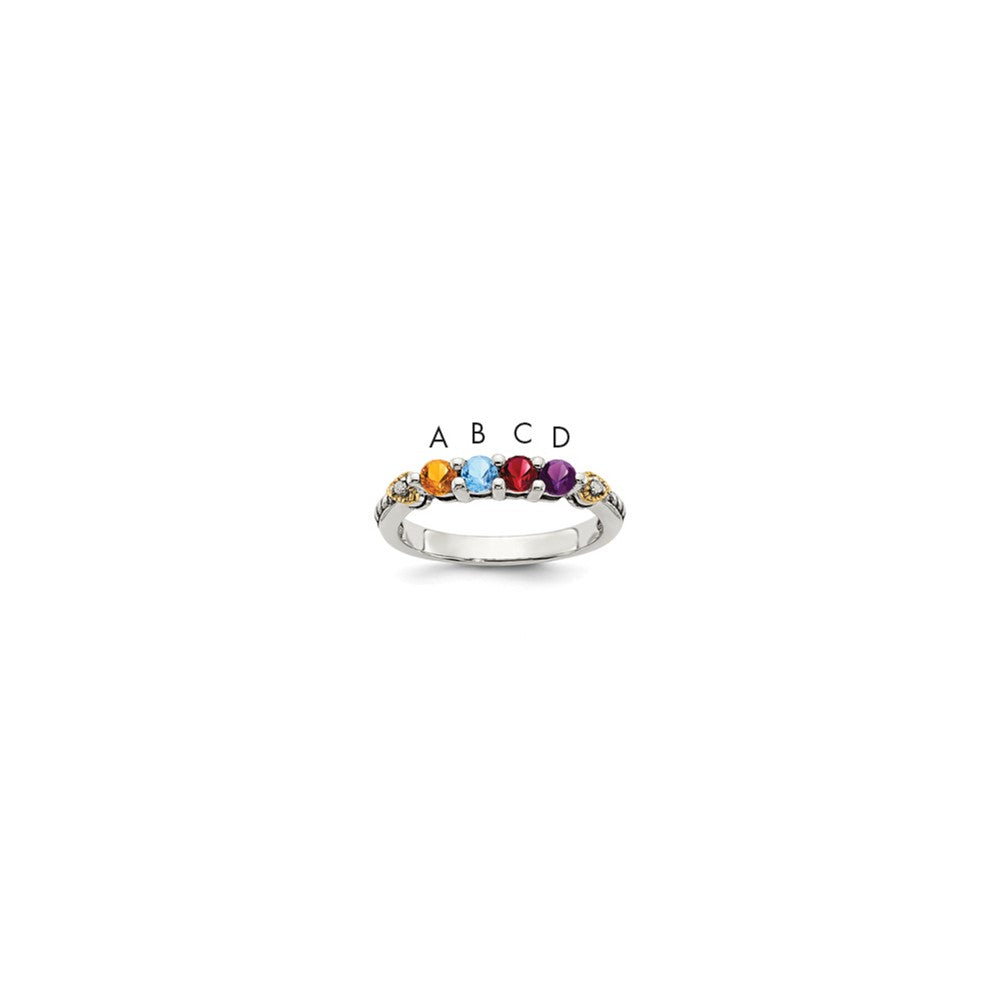 Sterling Silver Antiqued w/14k 4-stone w/Diamond Mother's Semi-Mount Ring - 7