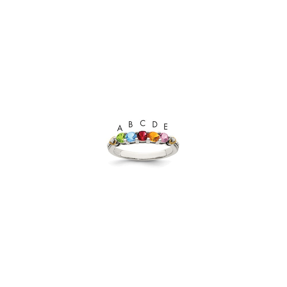 Sterling Silver Antiqued w/14k 5-stone w/Diamond Mother's Ring - 12