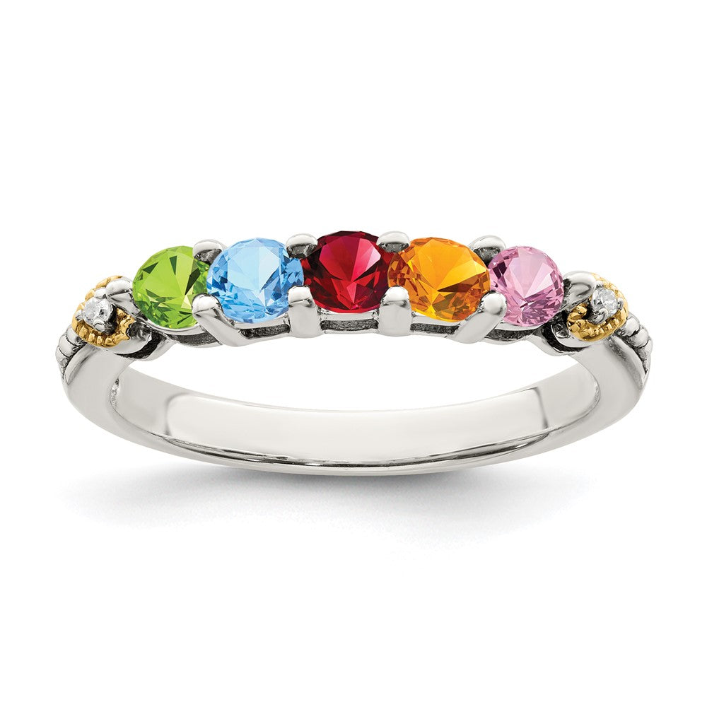 Sterling Silver Antiqued w/14k 5-stone w/Diamond Mother's Ring - 86