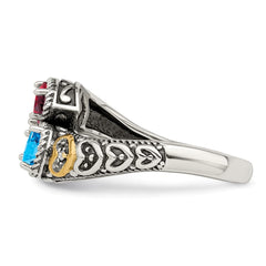 Sterling Silver Antiqued w/14k 2-stone w/Diamond Mother's Ring - 2
