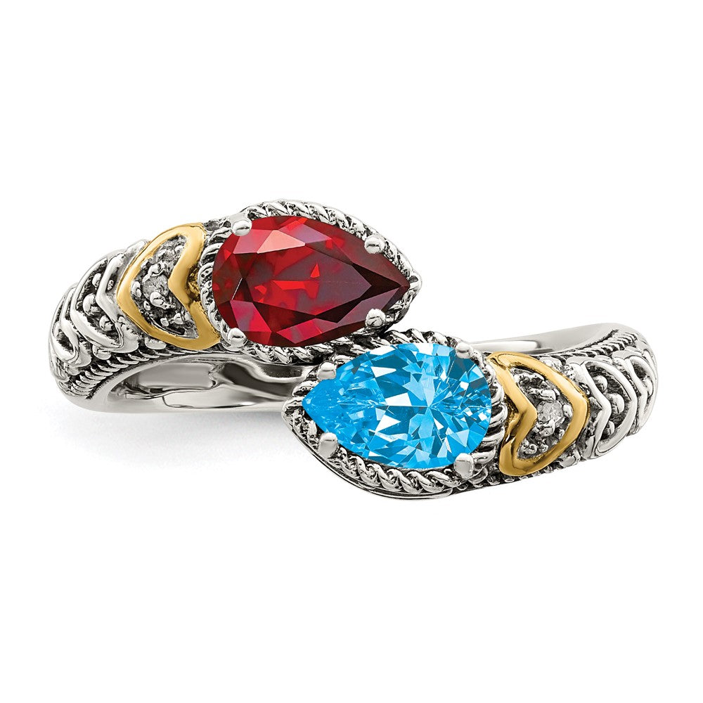 Sterling Silver Antiqued w/14k 2-stone w/Diamond Mother's Ring - 2