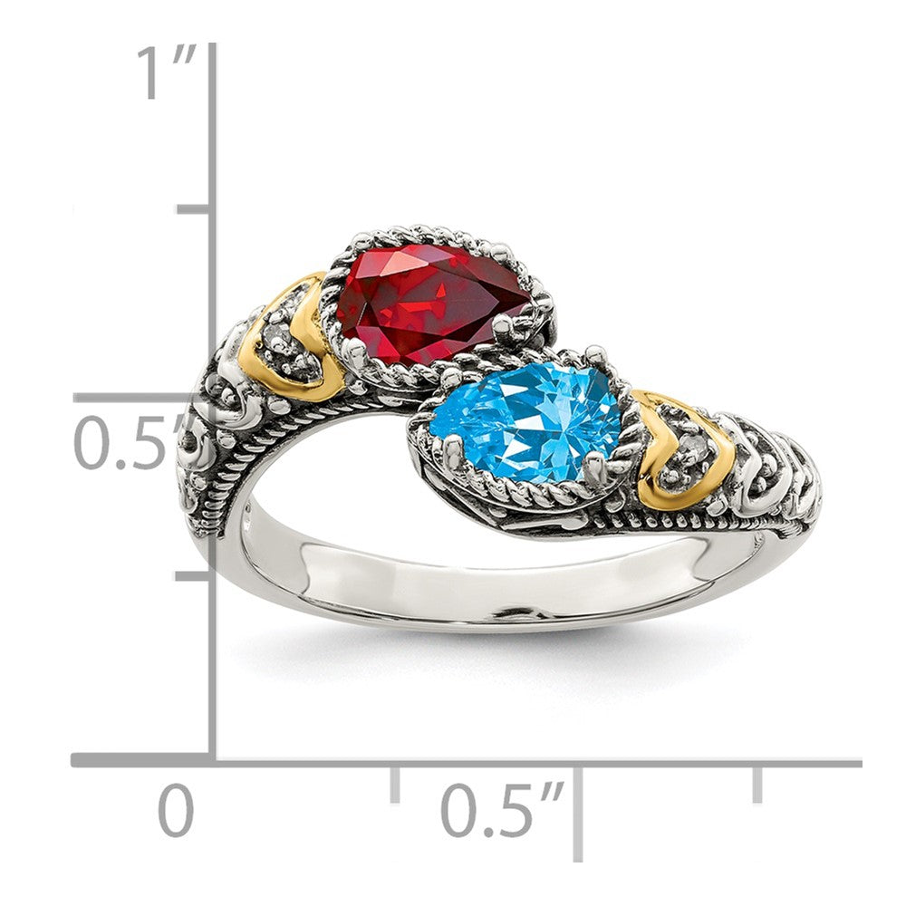 Sterling Silver Antiqued w/14k 2-stone w/Diamond Mother's Ring - 2