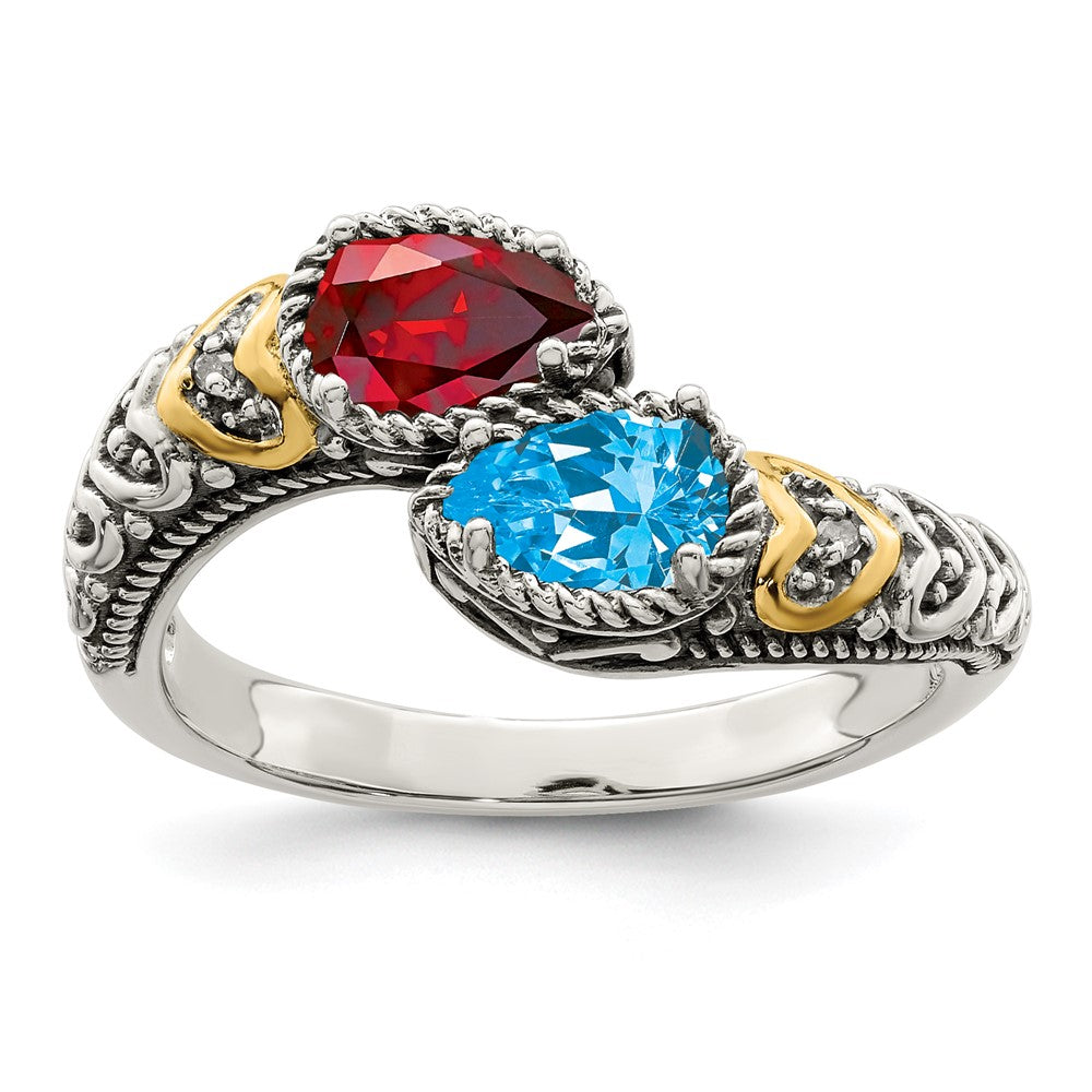 Sterling Silver Antiqued w/14k 2-stone w/Diamond Mother's Ring - 2