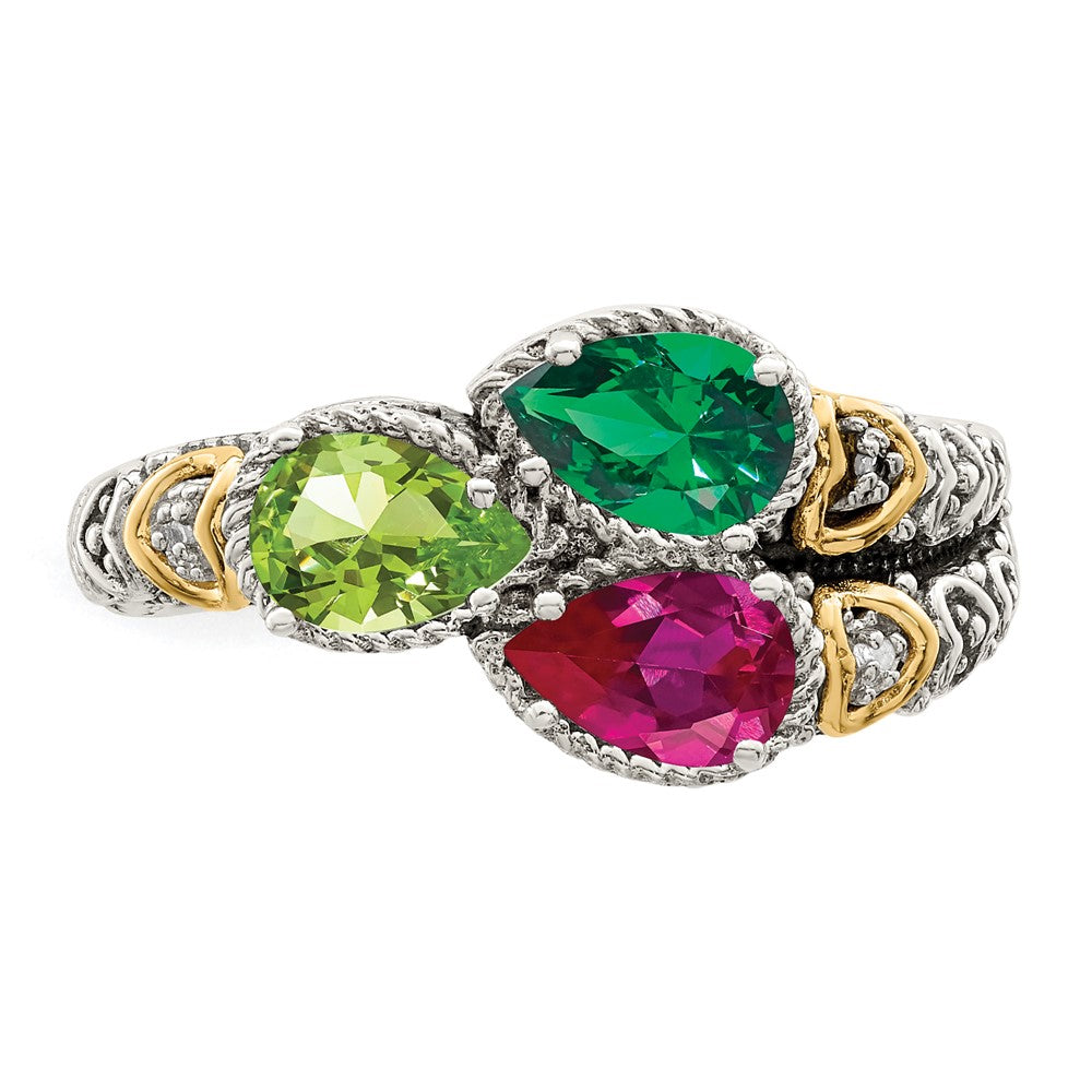 Sterling Silver Antiqued w/14k 3-stone w/Diamond Mother's Ring - 2