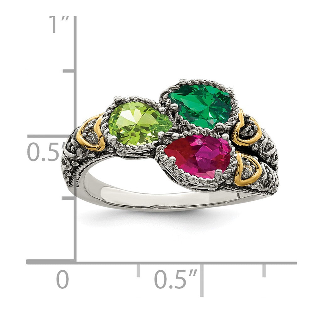 Sterling Silver Antiqued w/14k 3-stone w/Diamond Mother's Ring - 2