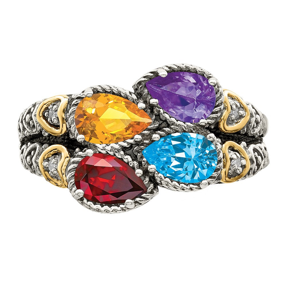 Sterling Silver Antiqued w/14k 4-stone w/Diamond Mother's Ring - 87