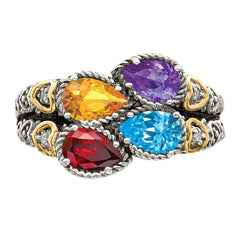Sterling Silver Antiqued w/14k 4-stone w/Diamond Mother's Ring - 10