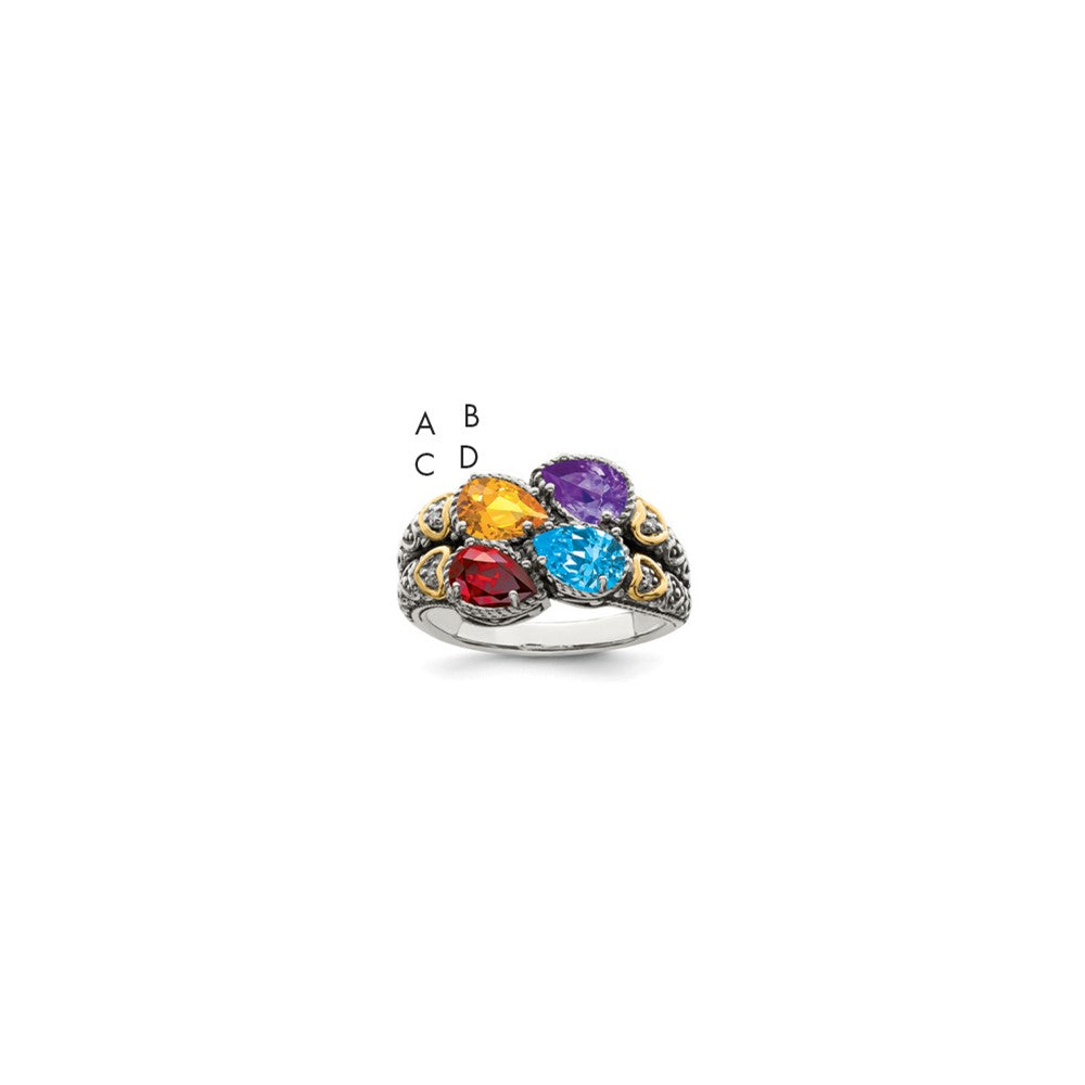 Sterling Silver Antiqued w/14k 4-stone w/Diamond Mother's Ring - 87