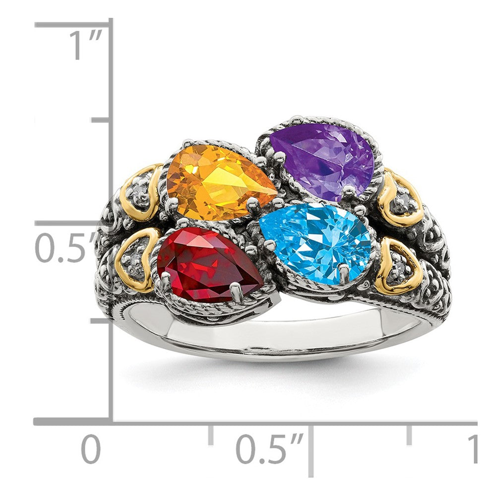 Sterling Silver Antiqued w/14k 4-stone w/Diamond Mother's Ring - 87