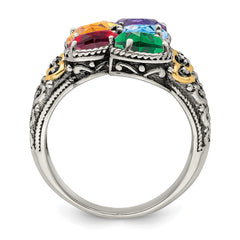 Sterling Silver Antiqued w/14k 5-stone w/Diamond Mother's Ring - 17