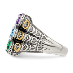 Sterling Silver Antiqued w/14k 5-stone w/Diamond Mother's Ring - 17