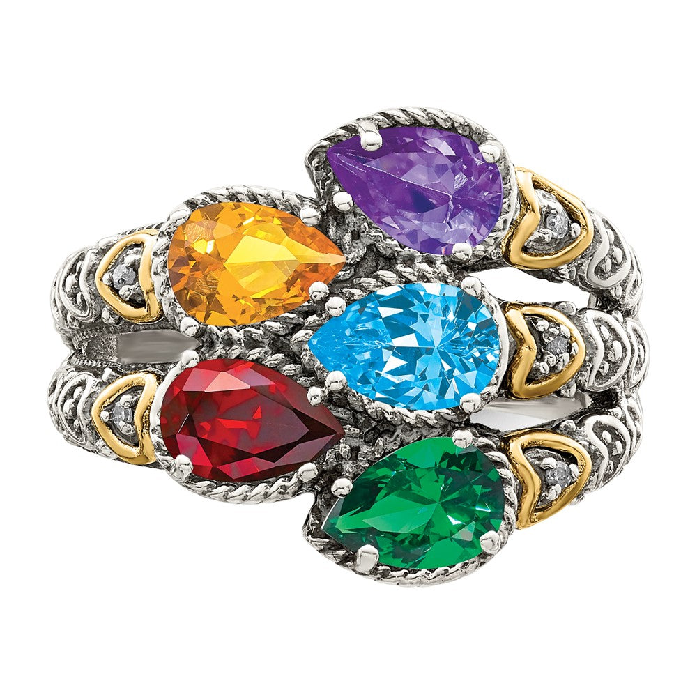 Sterling Silver Antiqued w/14k 5-stone w/Diamond Mother's Ring - 16