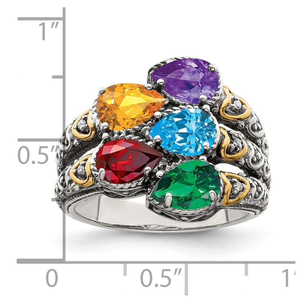 Sterling Silver Antiqued w/14k 5-stone w/Diamond Mother's Ring - 17