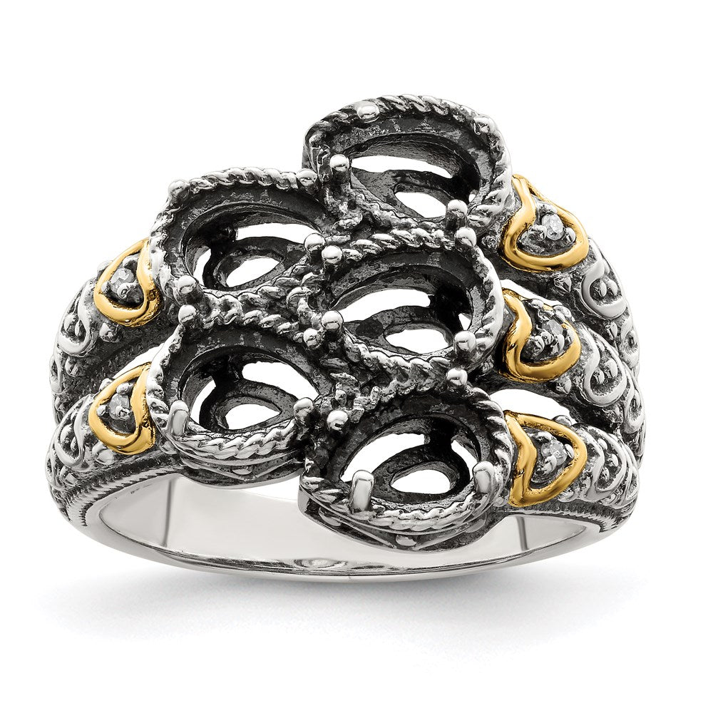 Sterling Silver Antiqued w/14k 5-stone w/Diamond Mother's Ring - 16