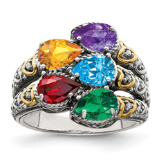Sterling Silver Antiqued w/14k 5-stone w/Diamond Mother's Ring - 17