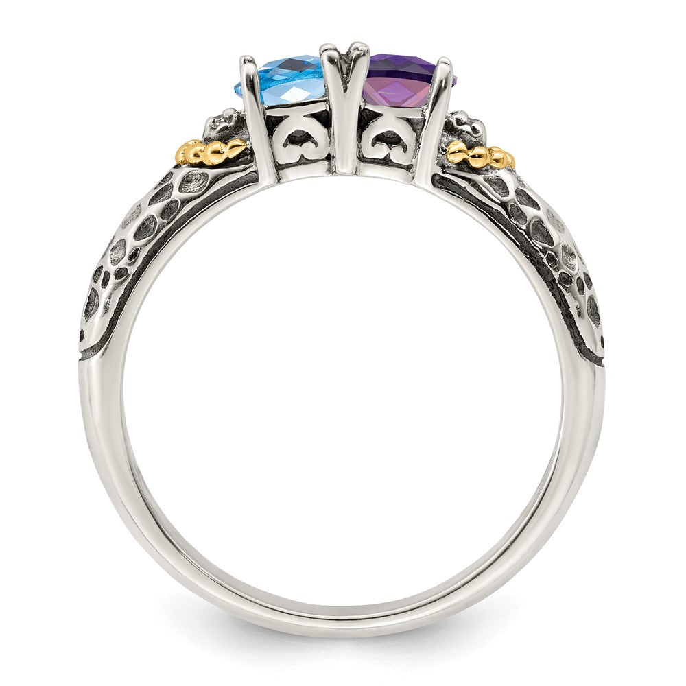 Sterling Silver Antiqued w/14k 2-stone w/Diamond Mother's Ring - 89